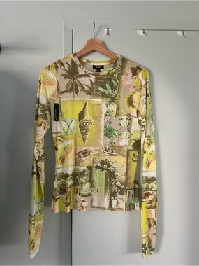 AFRM Long-Sleeve Collage Print Top in Lime Green and Beige